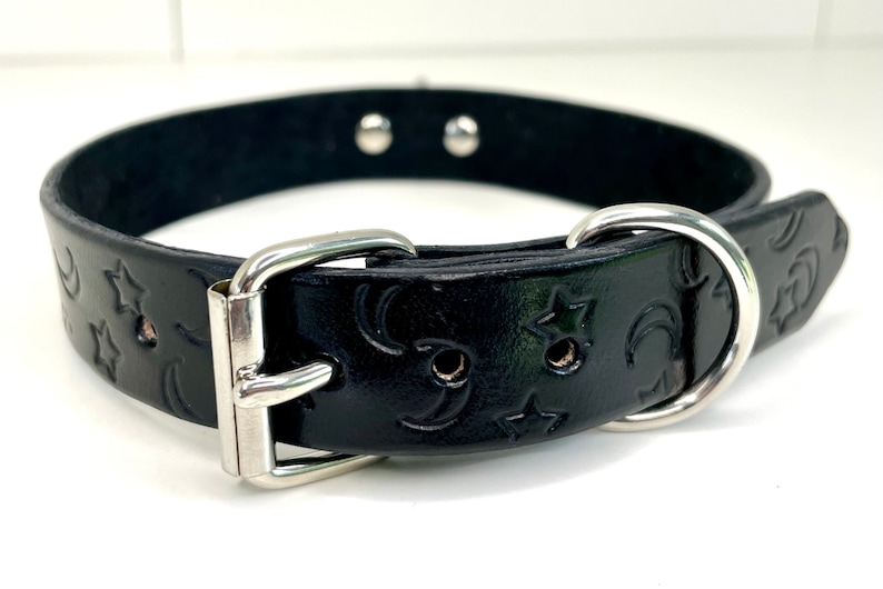 May include: Black leather dog collar with a silver buckle and D-ring. The collar is embossed with a repeating pattern of stars and crescent moons.