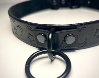 Handcrafted Black Leather BDSM Collar with Stars and Moons pattern Submissive Fetish Kink Choker available in multiple hardware colors