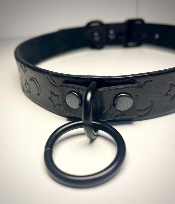 Handcrafted Black Leather BDSM Collar with Stars and Moons pattern Submissive Fetish Kink Choker available in multiple hardware colors