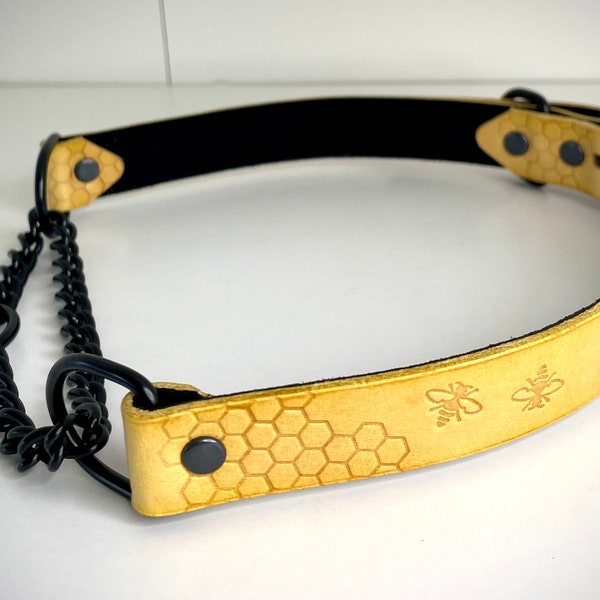 Handcrafted Yellow Leather Honeybee and Honeycomb BDSM Martingale Collar Pet Play Collar for Submissive in silver, gold, or black hardware
