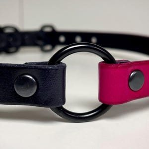 Pre-made Black and Red Leather Pet Play Fetish Kink Collar O-ring Choker for Submissive in black colored hardware for 14”-16” neck