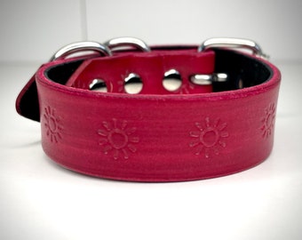 Pre Made Red Leather Cuff Bracelet with sun stamping and silver hardware 6.5”-7.5” wrist size