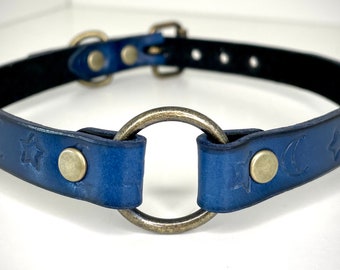Handcrafted Blue Leather Kink BDSM Stars and Moons Day Collar Choker for Submissive available in multiple hardware colors