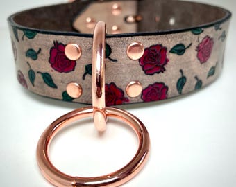 Handcrafted Antiqued Leather Roses and Leaves pattern BDSM Pet Play Collar Choker available in multiple hardware colors