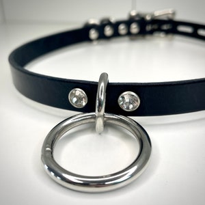 May include: A black leather choker with silver studs and a large silver ring. The choker has clear rhinestones on either side of the ring.