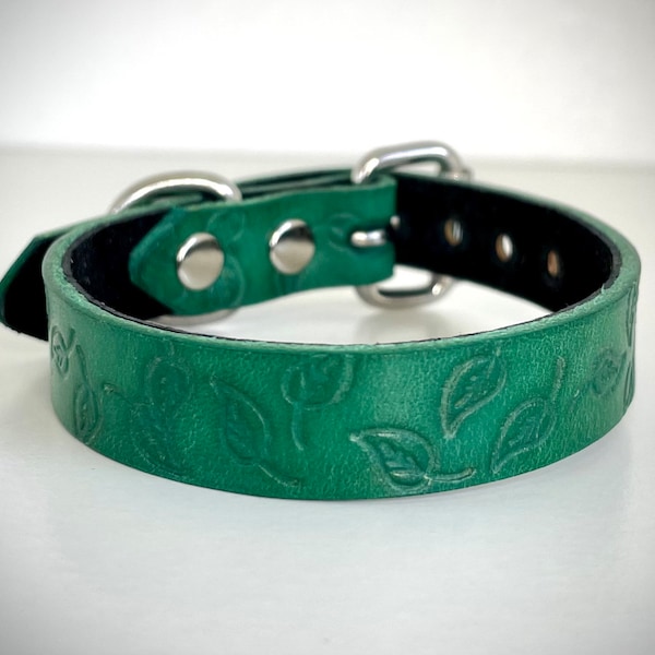 Handcrafted Green Leather Leaf design Bracelet Cuff available in multiple hardware colors