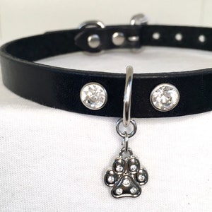 Handcrafted Leather Kitten Petplay Collar Choker with Silver Paw Print charm available in multiple leather colors