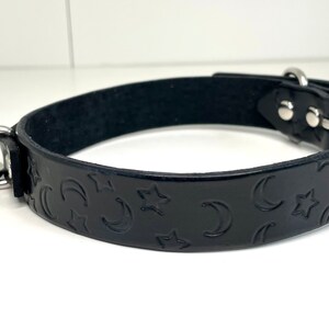 May include: Black leather collar with silver hardware and a moon and star pattern.