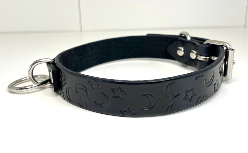 May include: Black leather collar with silver hardware and a moon and star pattern.