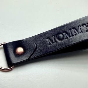 Premade Handcrafted Black Leather Keychain with rose gold colored hardware stamped with MOMMY heart Keyring Key Fob Gift