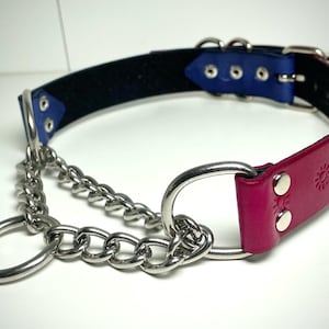 Pre-made Blue and Red Leather Stars, Moons, and Suns Martingale Collar Collar for Submissive in silver colored hardware for 15”-17” neck