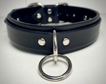 Handcrafted Black Leather Pet Play Collar with O-Ring