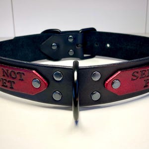 Könnte beinhalten: Schwarzes Lederhundekragen mit roten Lederflicken. Die Flecken haben den Text "DO NOT PET" und "SERVICE PUP" in schwarzer Prägung.
