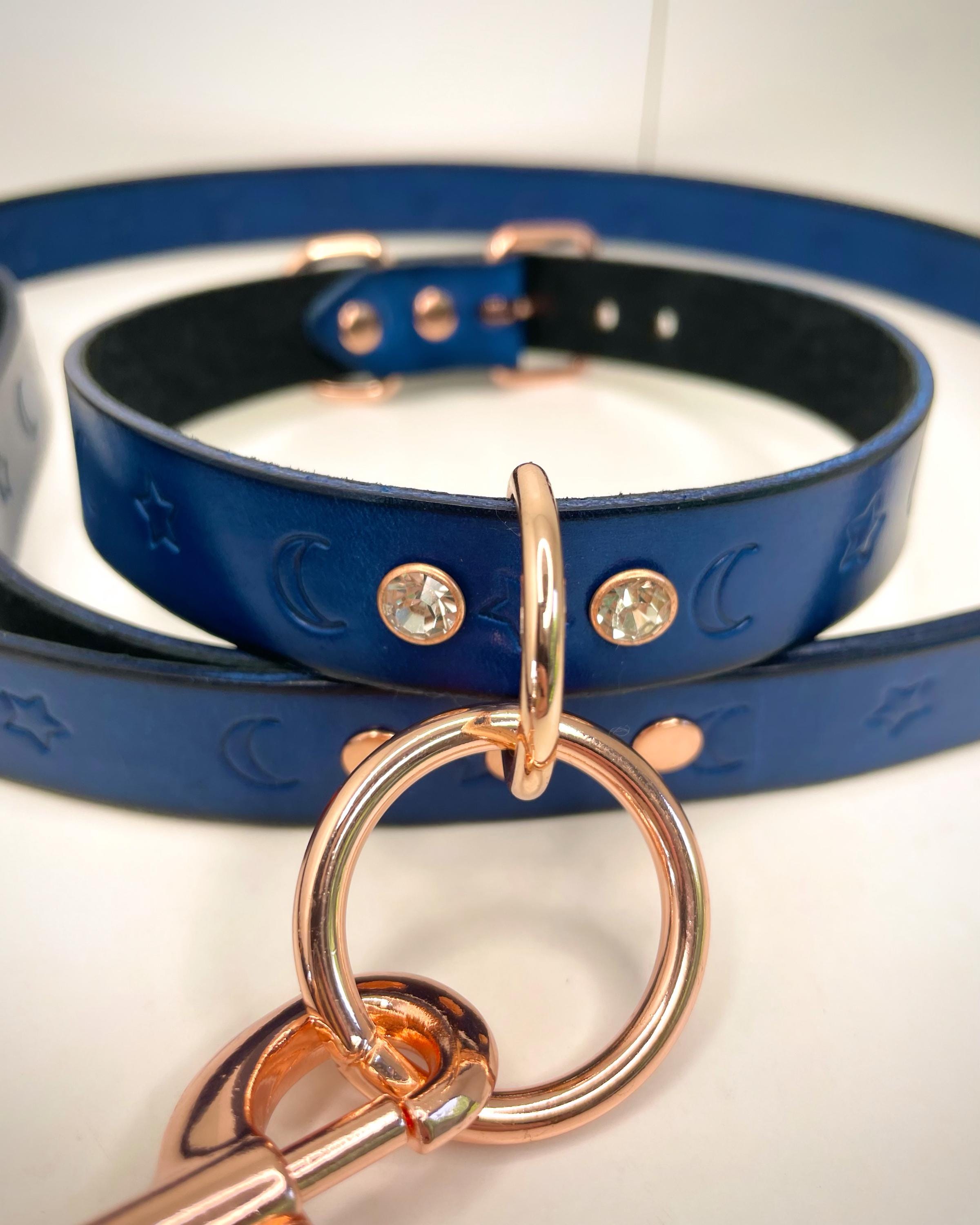 Handcrafted Blue Leather BDSM Submissive Stars and Moons Kink Fetish Collar and Leash set available in multiple hardware options