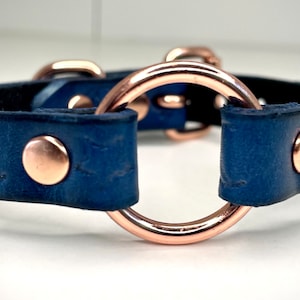 Handcrafted Blue Leather O-ring Bracelet Cuff with Stars & Moons Design