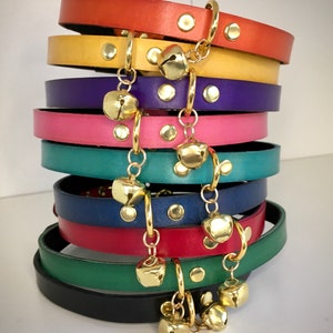 Handcrafted Leather Kitten Petplay Collar Choker with Gold Jingle Bell available in multiple leather colors
