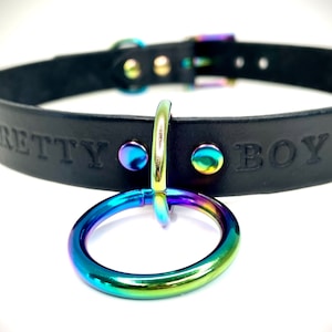 May include: Black leather choker with a rainbow iridescent metal ring and the words "PRETTY BOY" embossed on the front.