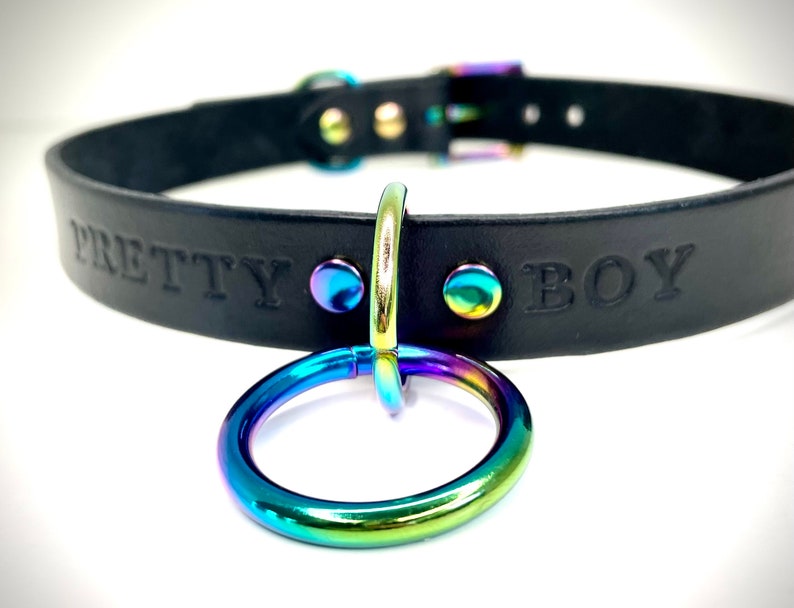May include: Black leather choker with a rainbow iridescent metal ring and the words "PRETTY BOY" embossed on the front.