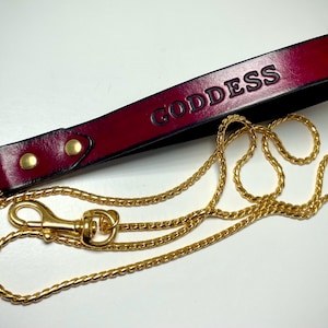 Pre-made Red Leather and Gold Chain Pet Play Leash stamped with GODDESS