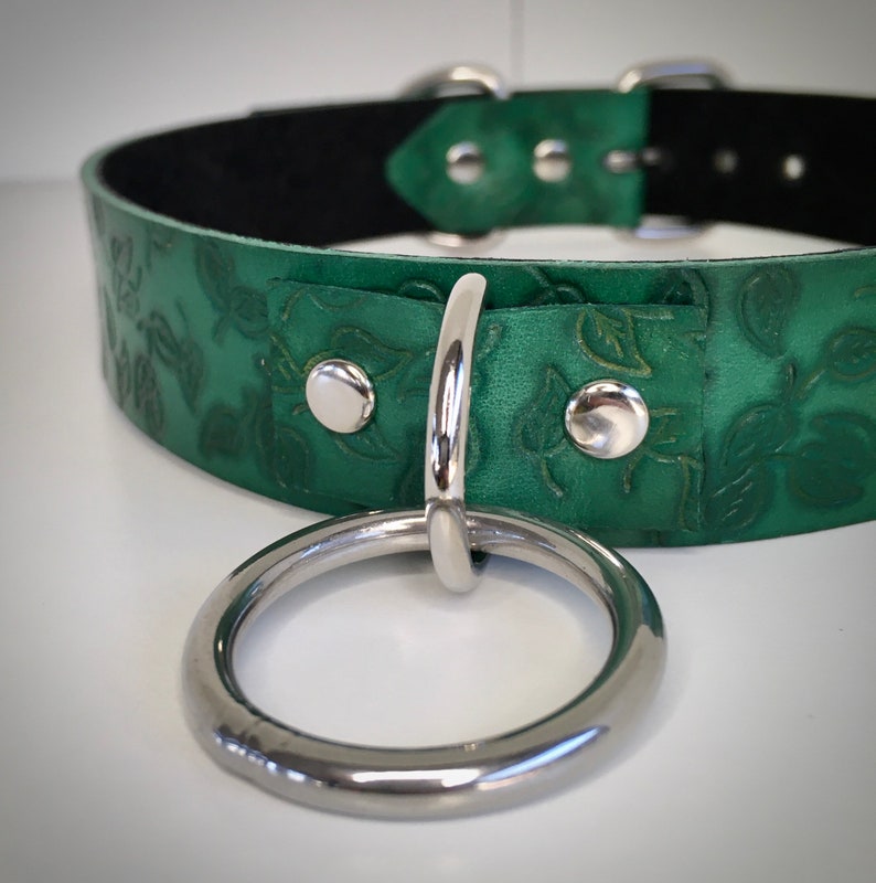 K&ouml;nnte beinhalten: Ein gr&uuml;nes Lederhalsband mit einem gepr&auml;gten Blumenmuster und einem silbernen Metallring. Das Halsband hat ein schwarzes Futter und silberne Metallbeschl&auml;ge.