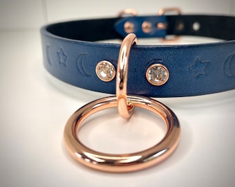 Handcrafted Blue Leather Kink BDSM Stars and Moons Collar Choker for Submissive available in rose gold, black, silver, or gold hardware