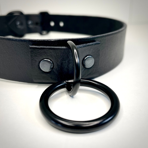 Large Classic O-Ring Black Leather BDSM Collar Choker available in Multiple Color Options