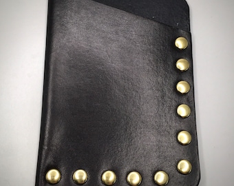 Premade Slim Minimalist Black Leather Wallet with gold rivets