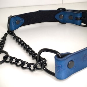Handcrafted Blue Leather Stars and Moons Martingale Collar Pet Play Collar for Submissive in silver, gold, or black hardware