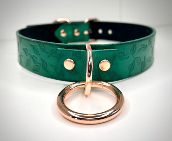 Handcrafted Green Leather Leaf pattern BDSM Kink Collar Choker Pet Play available in multiple hardware colors