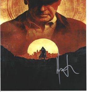 May include: A sepia-toned poster depicting a man in a fedora and coat, with a silhouette of a rider on horseback against a sunset. The image has a vintage aesthetic, with a signature in the lower right corner.