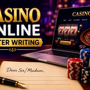 May include: Image promoting online casino letter writing services. The image features a laptop displaying a casino website with slot machines and roulette. Poker chips, playing cards, and a pen on paper with "Dear Sir/Madam" are also visible.