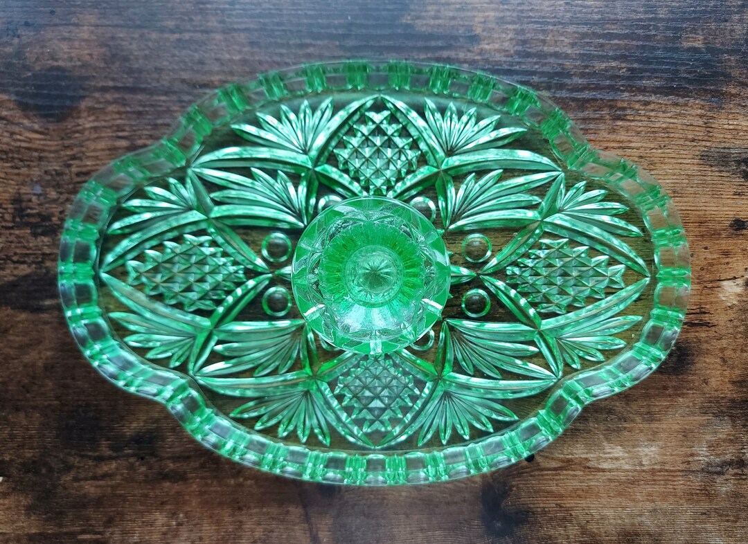 Art Deco Green Depression Glass Vanity Tray and Candlestick Etsy