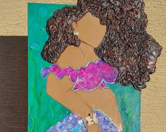 Monae – Curvy Black Mermaid Mixed Media Art (55x29in)