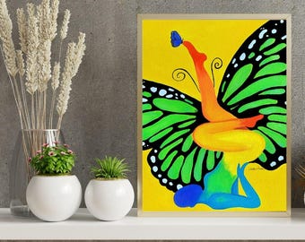 METAMORPHOSIS: Radiance of Self Love – Chakra Butterfly Yoga Pose Art Print | Black Woman Spiritual Transformation Wall Decor UNFRAMED Print