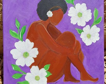 Black Woman Healing Art – Afrocentric Print, White Flowers, Purple
