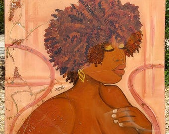 Black Woman Afro Art Print, Glitter Resin, 24x24 Acrylic Painting