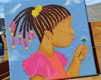 Black Girl Dandelion Wish Painting – Acrylic Art, Kids Room Decor