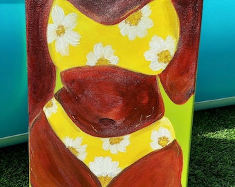 Body in Bloom- original, black woman art, stretch, marks, body positive painting, self love, wall decor, gold accents