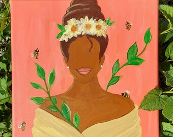 Black Woman Art - "Queen in Bloom" Acrylic Painting, Afrocentric Decor