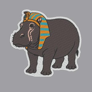 May include: Embroidered patch featuring a dark gray hippo wearing a blue and gold striped headdress. The hippo has a white outline and is set against a gray background. The patch has a cartoon-like design.