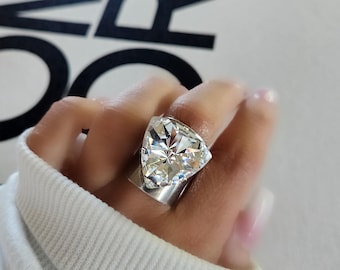 Jupiter Statement Ring in Crystal Clear, Cocktail Ring Adjustable