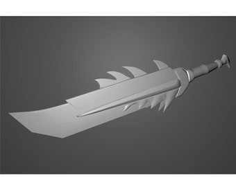 May include: A silver-colored sword with a serrated blade and a pointed tip. The sword has a textured handle and a sharp point.