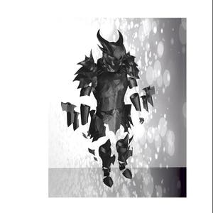 May include: A black and white illustration of a warrior in armor with horns on their helmet. The warrior is standing in a pose with their arms outstretched. The background is a blurry white and gray with a bokeh effect.