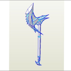 May include: A detailed 3D model of a silver axe with a blue outline. The axe has a curved blade with a jagged edge and a long, straight handle.