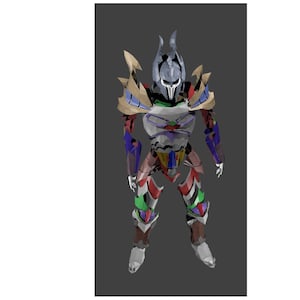 May include: A full-body illustration of a warrior in ornate armor. The armor features a silver helmet with horns, and is accented with gold, blue, red, green, and brown elements. The figure stands against a dark gray background.