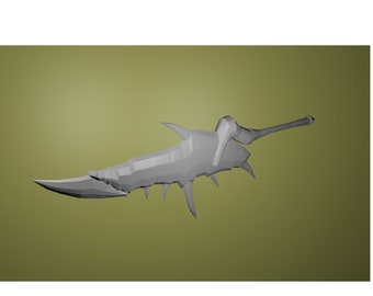 May include: A gray, stylized sword with a serrated blade and a long, pointed handle. The weapon has a series of sharp protrusions along the blade's edge and a complex, geometric design. The background is a solid olive green.