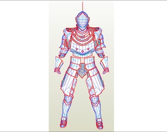 May include: A detailed illustration of a suit of armor, rendered in a wireframe style. The armor is depicted in blue lines with red outlines, showcasing the intricate design of the helmet, chest, and leg protection. The image is set against a white background.