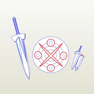 May include: A blue and red illustration of a sword, shield, and three spears. The shield has a red target design with concentric circles.