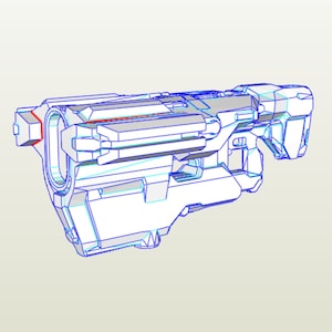 May include: A white, futuristic-looking weapon with blue and red lines. The weapon has a barrel on the left side and a handle on the right side.