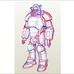 Könnte beinhalten: Detaillierte Drahtgitter-Illustration eines Power-Rüstungsanzugs, mit Helm mit Atemschutzmaske, Schulterpolstern und segmentierter Körperpanzerung. Das Design verwendet blaue und rote Linien, um die Struktur zu definieren, was auf ein 3D-Modell oder einen Bauplan hindeutet.